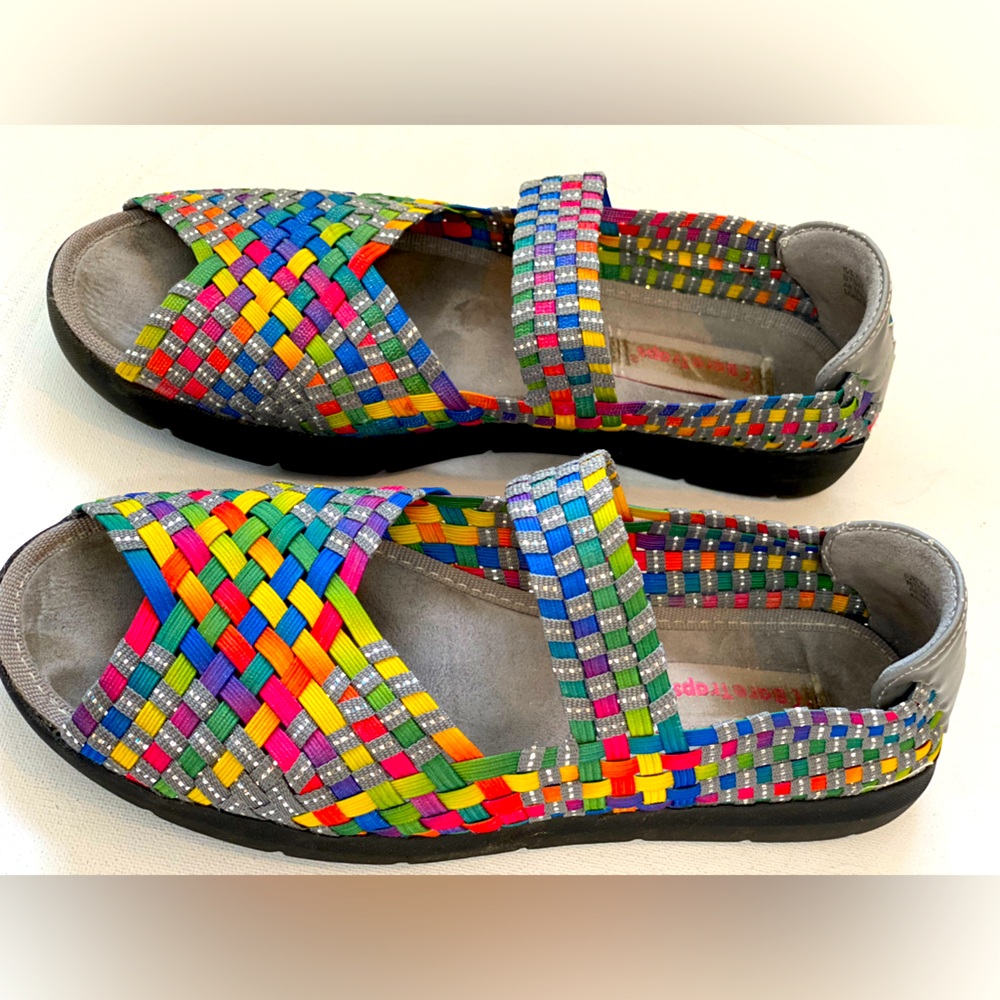 BareTrap multicolored woven man made Mary Jane, peep toe flat. Women size 6.5